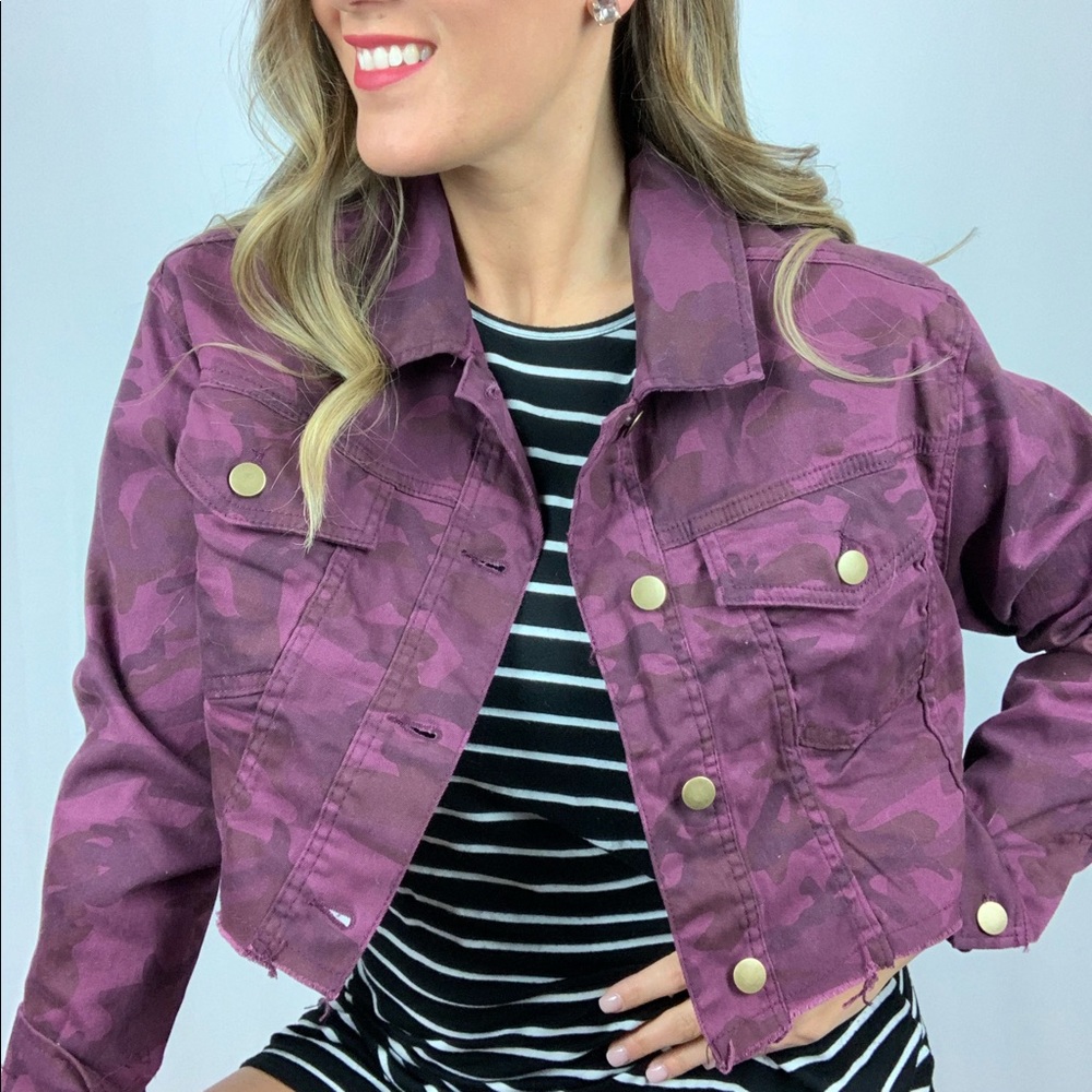 Magenta camo cropped jean jacket